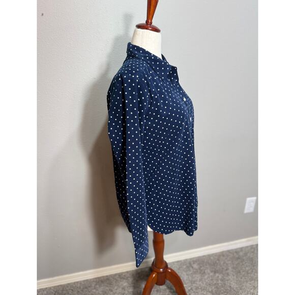 Loft blouse blue fine wale corduroy white dots button up collared Sz L NWT - Picture 3 of 7